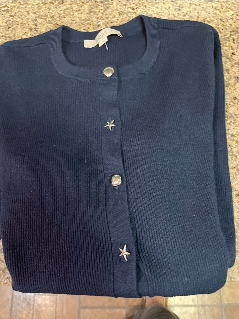 LOFT Navy Star-Button Crew Cardigan